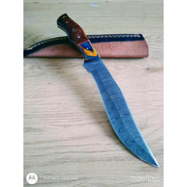 Poignard couteau damas 256 couches + tui cuir fabrication artisanale rf 123