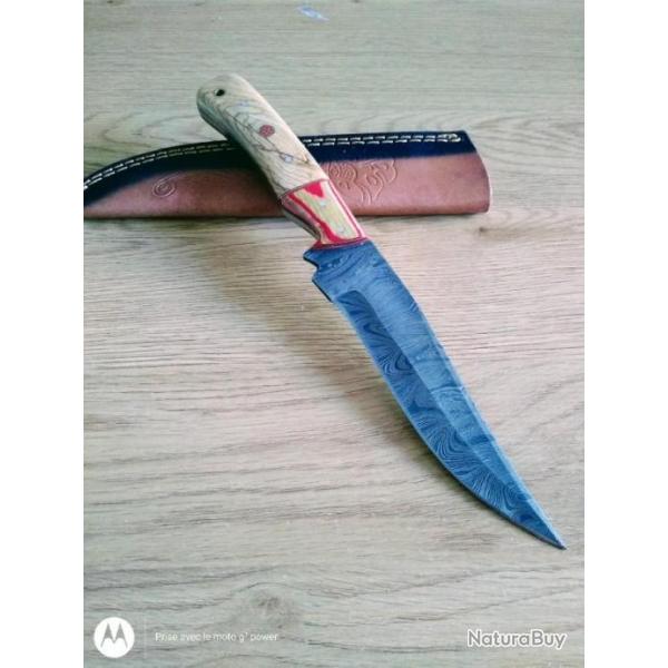 Poignard couteau damas 256 couches + tui cuir fabrication artisanale rf 130