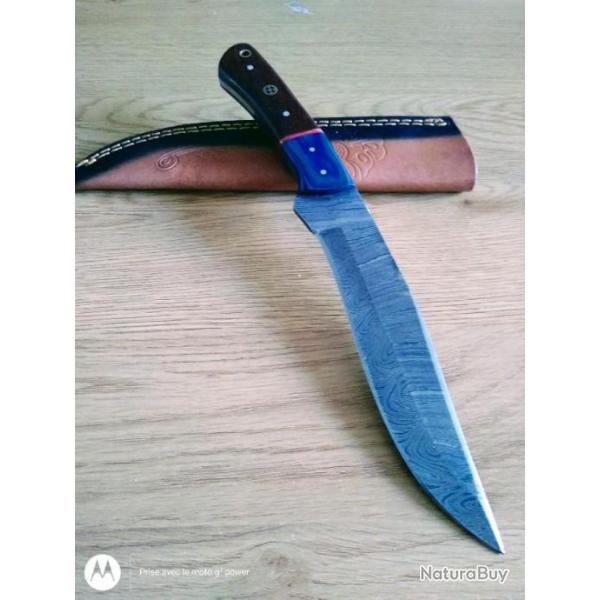 Poignard couteau damas 256 couches + tui cuir fabrication artisanale rf 131