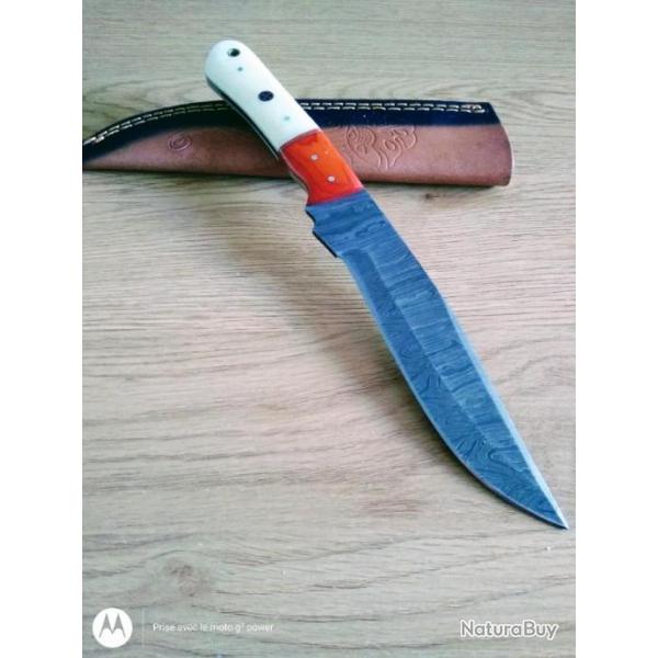 Poignard couteau damas 256 couches + tui cuir fabrication artisanale rf 132