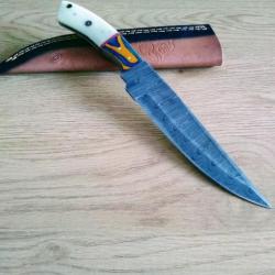 Poignard couteau damas 256 couches + étui cuir fabrication artisanale réf 138