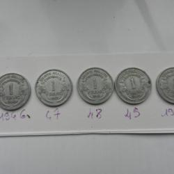 5 pièces anciennes pièces de 1 francs 1946 à 1950
