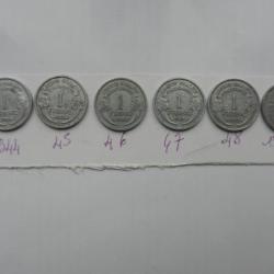 6 anciennes pièces de 1 franc alu 1944 à 1949