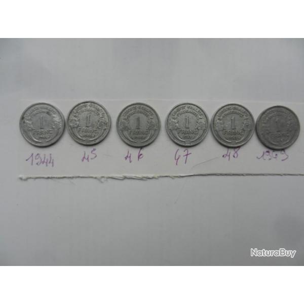 6 anciennes pices de 1 franc alu 1944  1949