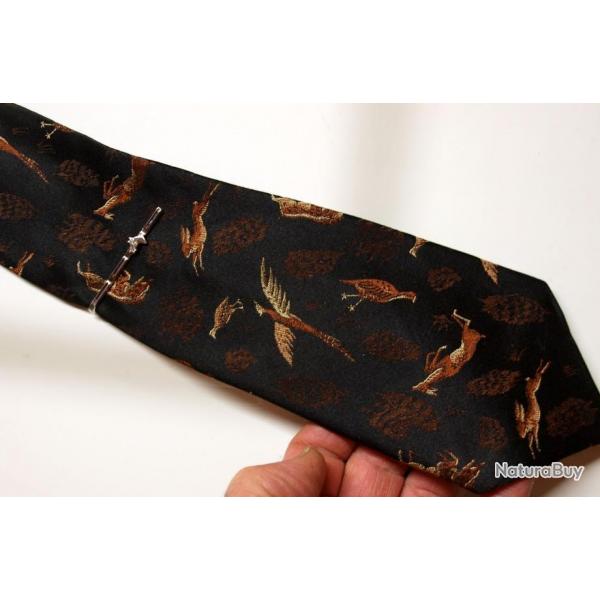 Cravate rtro en SOIE - motif gibier - chasse - avec pingle tte de cheval