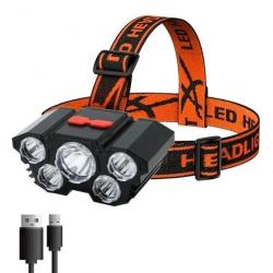 Lampe Frontale -  Poche Cinq Têtes LED : Rechargeable USB-Lumineuse Batterie Intégrée 18650 - Pêche