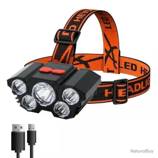 Lampe Frontale -  Poche Cinq Ttes LED : Rechargeable USB-Lumineuse Batterie Intgre 18650 - Pche