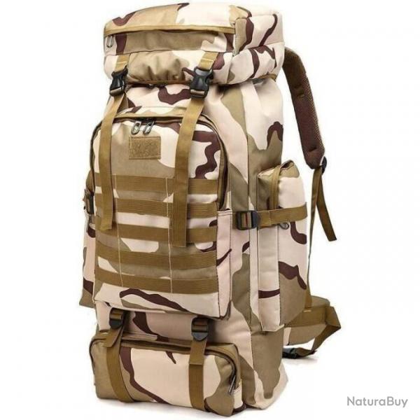 Grand Sac  dos 80L style militaire tactique Camping Randonne Trekking Camouflage beige