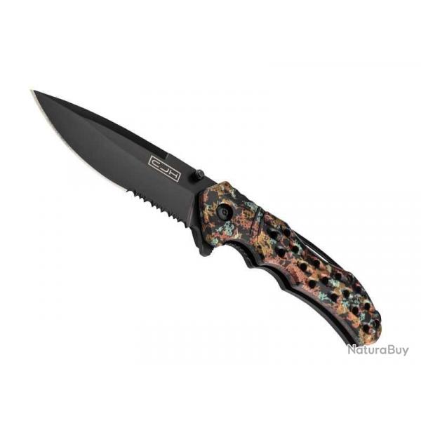 COUTEAU CJH ABS CAMO METALLIQUE 12CM INOX NOIR SEMI-DENTEE