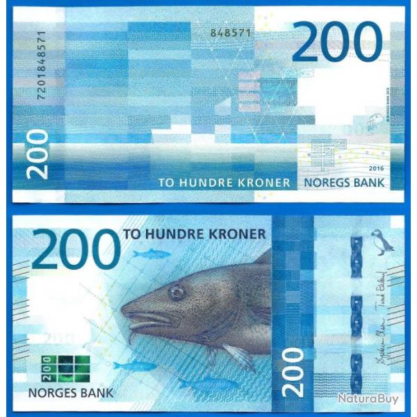 Norvege 200 Couronnes 2016 Neuf Saumon Billet Poisson Pingouin Kroner Couronne