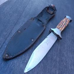 Ancien Couteau Forgé LES 2 DIABLES avec Étui en cuir Manche en Bois de cerf