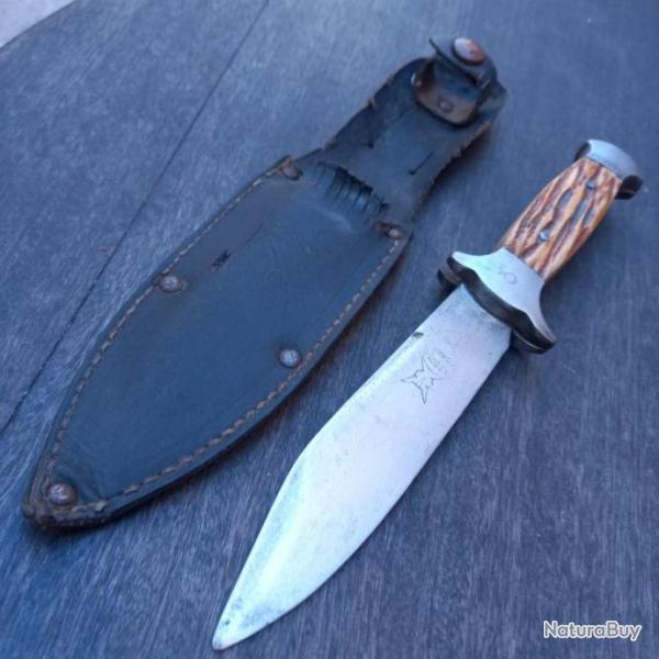 Ancien Couteau Forg LES 2 DIABLES avec tui en cuir Manche en Bois de cerf