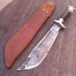 Magnifique Couteau de Chasse ARTISANAL ESPAGNOLE Manche en Corne ey Métal Étui en cuir