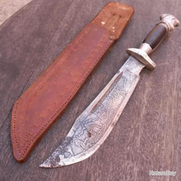 Magnifique Couteau de Chasse ARTISANAL ESPAGNOLE Manche en Corne ey Mtal tui en cuir