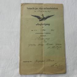 ancien acte/document notarial allemand - 1907 Saarbrüken Ausfertigun