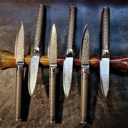 set de 6 couteaux de table Damas san-mai et carbone de chez Patrick Bonetta