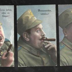 soldat allemand et tabac , belle suite de 3 cartes anciennes , cpa , cigare et pipe