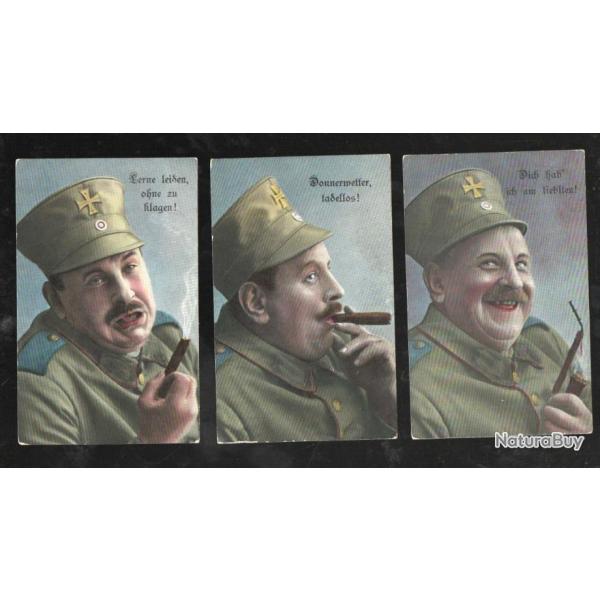 soldat allemand et tabac , belle suite de 3 cartes anciennes , cpa , cigare et pipe