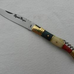 couteau Le Bougna tire bouchon manche tricolore os et bois - patriote - longueur 22 cm