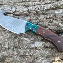 Couteau à dépecer/bushcraft avec crochet damas forgé LLF 21cm vert enchère