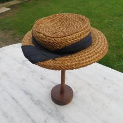 VINTAGE - Ancien chapeau canotier en paille naturelle de France avec ruban (Vers 1950)