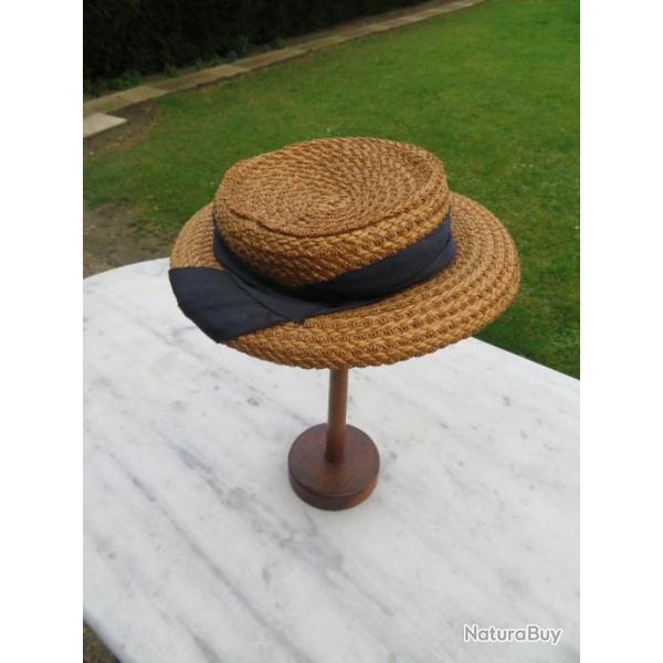 VINTAGE - Ancien chapeau canotier en paille naturelle de France avec ruban (Vers 1950)