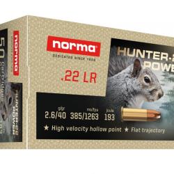 Cartouches Norma 22LR HUNTER POWER Hollow Point Boite de 50
