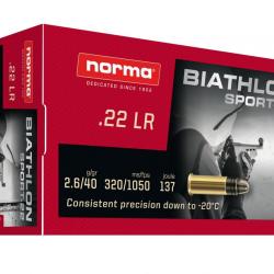 Cartouches Norma 22LR 2.6G/40GR BIATHLON SPORT-22 LRN Boite de 50