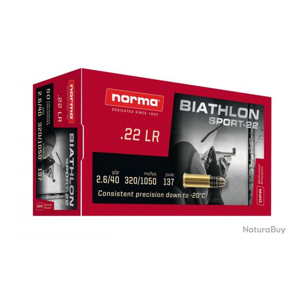 Cartouches Norma 22LR 2.6G/40GR BIATHLON SPORT-22 LRN Boite de 50