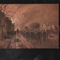 troupe allemande en mouvement dans village en flamme,  carte allemande cpa illustrateur
