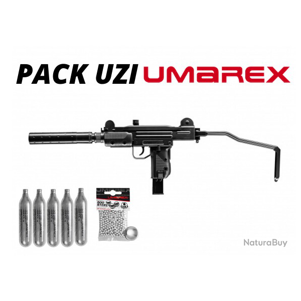 Pack pistolet mitrailleur CO2 IWI Mini Uzi 4,5 mm BB + sparclettes + billes acier 1