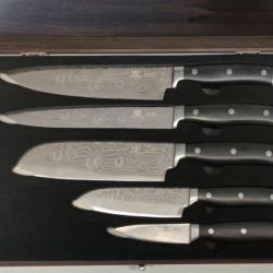 **Damascus,Parure de 5 couteaux de cuisine japonais lame en acier damas 128 couches Royal Swiss DM28