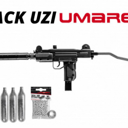 Pack pistolet mitrailleur CO2 IWI Mini Uzi 4,5 mm BB + sparclettes + billes acier