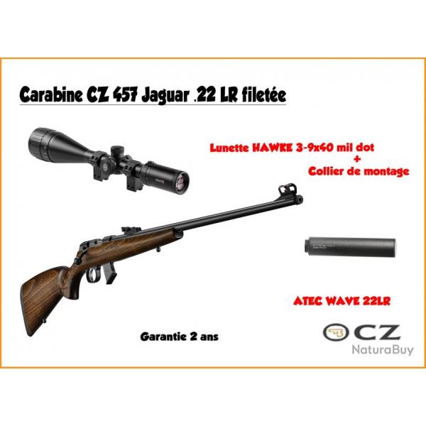 Pack CZ 457 Jaguar .22 LR filete + hawke 3-9x40 + silencieux 1/2X20 UNF