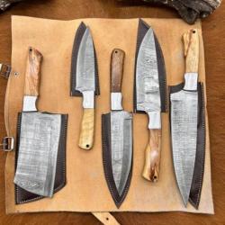 SET 4 couteaux de découpe + un couperet lame de DAMAS 256 couches avec sac de rangement en cuir