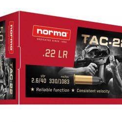 Cartouches NORMA TAC 22 40gr LRN PLOMB Calibre 22LR - Boite de 50 unités