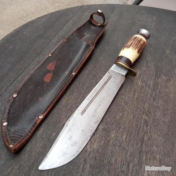 Grand ,Solide et imposant Couteau de Chasse BOWIE avec tui en cuir marron