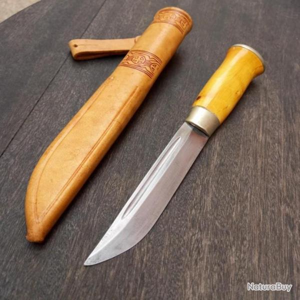 Grand Couteau PUUKKO FINLANDAIS avec Fourreau en cuir Manche en Bois