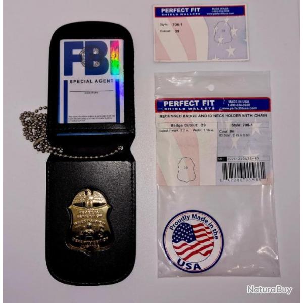 CARTE FBI  [FEDERAL BUREAU OF INVESTIGATION] INSIGNE FBI MTAL SUR CUIR +CARTE FBI HOLOGRAPHIQU