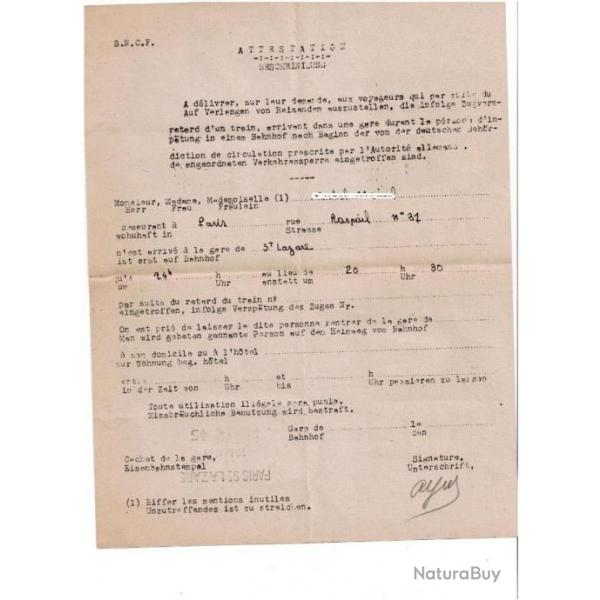 RARE sncf certificat retard Allemand Franais Paris gare st lazare S.N.C.F 1940 1945