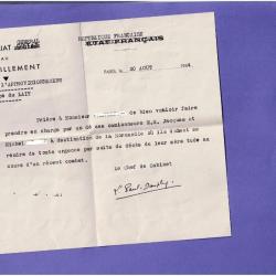 ordre secreteriat ravitaillement Paris 30 aout 1944 message au service du lait RARE