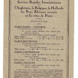 tarifs chemin de fer du nord services rapide internationaux 1919 Angleterre sncf RARE