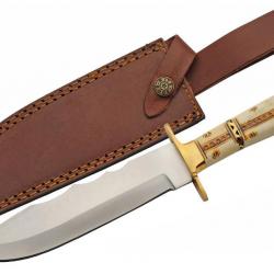 Couteau de Chasse Trappeur Western Hunter Bone Manche Os Lame Acier Inox Etui Cuir PA203499