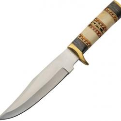 Couteau de Chasse Trappeur Ring Bone Hunter Manche Os Lame Acier Inox Etui Cuir PA203496