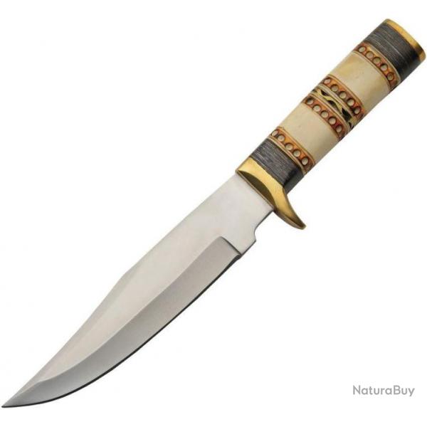 Couteau de Chasse Trappeur Ring Bone Hunter Manche Os Lame Acier Inox Etui Cuir PA203496