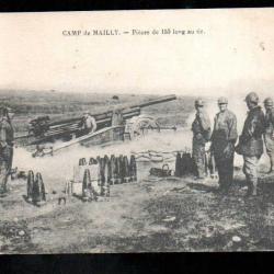 camp de mailly pièces de 155 long au tir , cpa artillerie