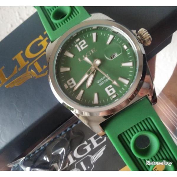 LIGE MONTRE A QUARTZ 40 MM CADRAN VERT NEUVE DANS SA BOITE