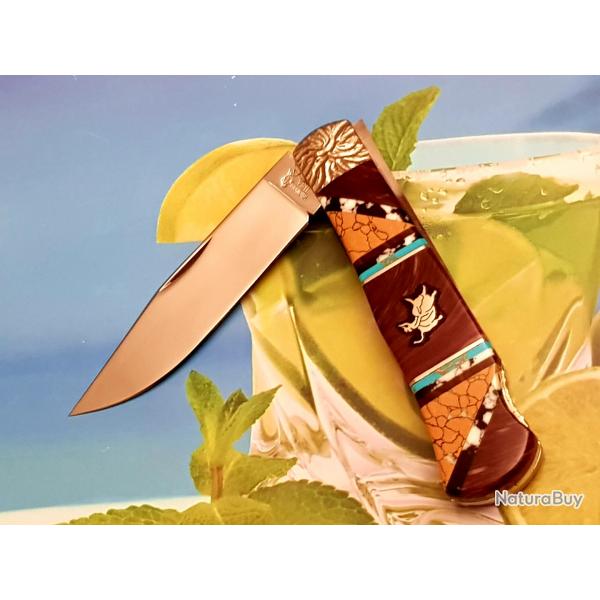 COUTEAU BRIAN YELLOWHORSE VRITABLE NEUF AVEC SA BOITE MANCHE EN PIERRES PRCIEUSES MOTIF RODO