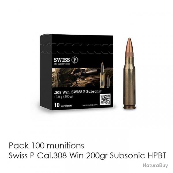 100 Cartouches Swiss P Cal.308 Win 200gr Subsonic HPBT 