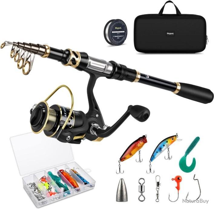 Kit Pêche 2 Cannes Télescopiques + 2 Moulinets + Leurres + Sac - Complet Pour Débutants Eau Douce & Salée